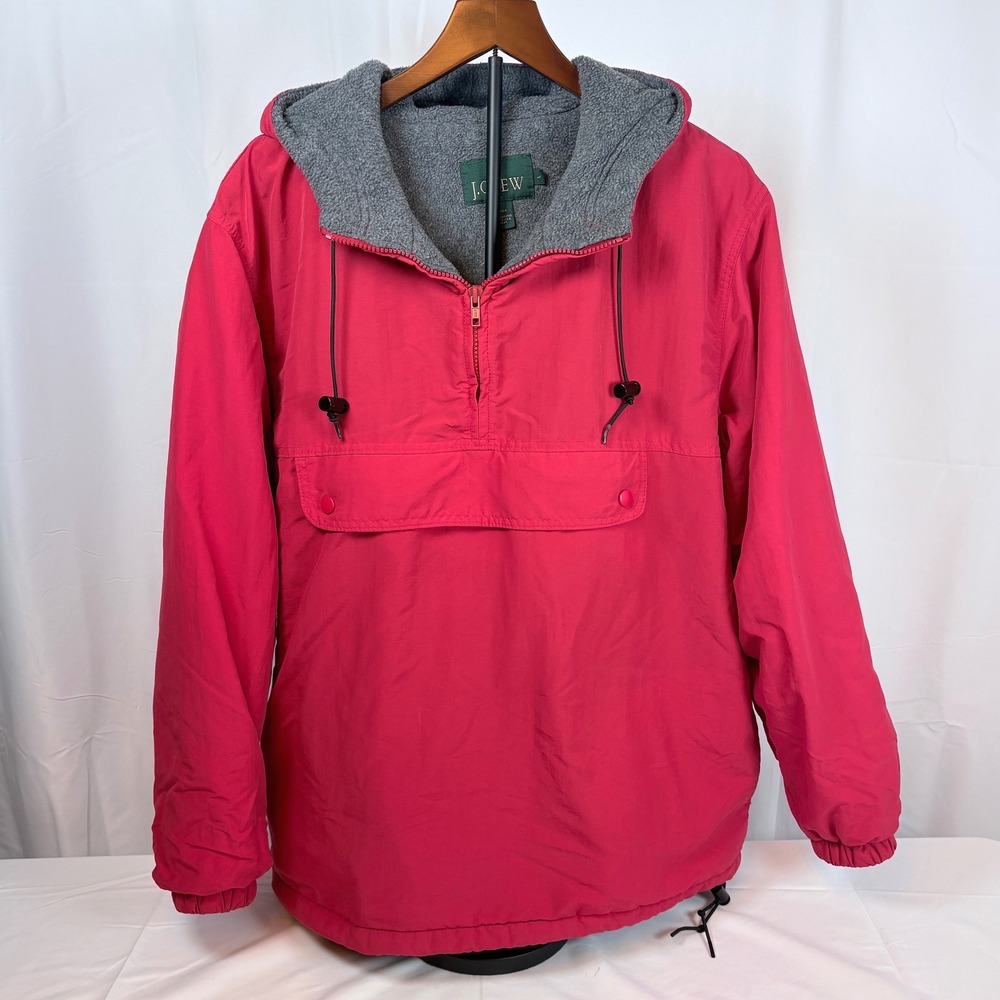 J.Crew Oarsman Crew Red Fleece Lined Anorak Jacket Hooded Men L Made in USA Vtg